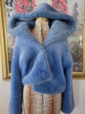 Rare NWOT 90s Faux Fur Teddy Sky Blue Cropped Hooded Coat